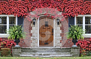 front door and red ivy in fall