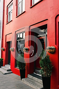 Front door with steps in reykjavik, iceland. House entrance with red door and pot plant decoration. Private property and real