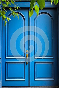 Front doors.Blue paint. Exterior house detail