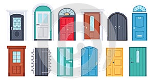 Front doors. Cartoon vintage house wooden doorway. Door with glass window. Home entrances with frame and doorknob. Doors design