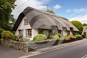 front elevation of a stone cottage, thatched roof, cobblestone driveway