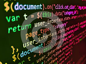 Front-end applications in the color concept. Mobile app building. RNN Neural Network source code. Closeup of Web Code on Computer