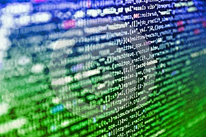 Front-end applications in the color concept. Shallow depth of field, selective focus effect. Programming code abstract screen of