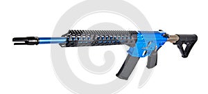 Front end of AR15 rifle anodized blue paint