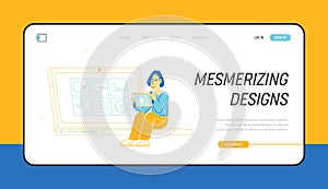 Front End Developing Website Landing Page. Woman Programmer Work on Computer at Online Project Java Coding