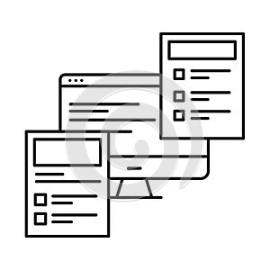 Front-end development black line icon. Practice of converting data to a graphical interface, through the use of HTML, CSS, and