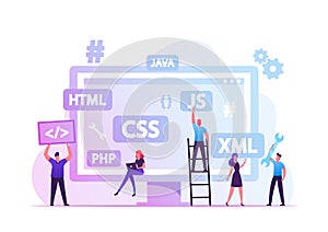 Front End Development Concept. Developers Create Web Interface, Coding and Programming on Computer