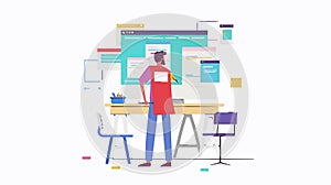 A front-end development concept, showcasing a UI/UX designer working on digital design with creative tools.