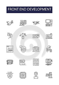 Front end development line vector icons and signs. CSS, JavaScript, JQuery, React, Angular, AJAX, DOM, Bootstrap outline