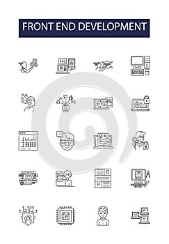 Front end development line vector icons and signs. CSS, JavaScript, JQuery, React, Angular, AJAX, DOM, Bootstrap outline photo