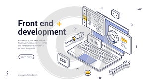 Front end development software coding programming isometric web banner design template line vector