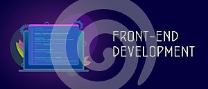 Front-end development vector concept with laptop and javascript or html code window. Header or footer banner template