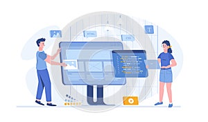 Front end development. Website interface, front end developer, web page design, user experience. Vector illustration