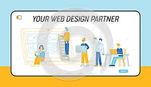 Front End Development Website Landing Page. Developers Create Interface, Coding and Programming on Pc Html Data Base