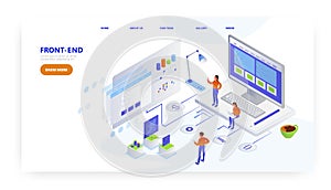 Front-end, landing page design, website banner vector template. Frontend developer, programmer creating website.