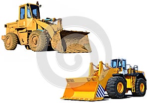 Front-end loader or all-wheel bulldozer isolated on white background. Heavy equipment machine and manufacturing equipment for open