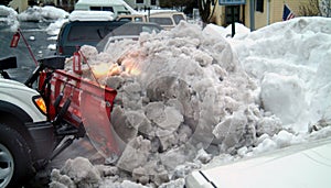 A front end loader plows a mountain of snow after a 24 hour snowfall photo