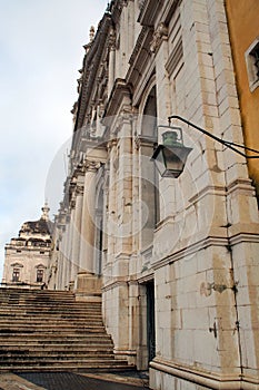 Front exterior of the Palace-Convent of Mafra, partial view, architectural details, Portugal