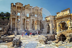 The front facade and courtyard of the Library of Celsus at Ephesus is an ancient Greek and Roman structure. Reconstructed by
