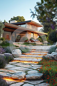 front facade of modern luxury house cottage with a landscape design of garden