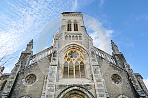 The front facade and tower of the Basque Church