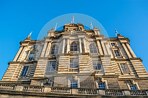 Front facade view at the Museum on the Mound building, a classical building on Edinburgh downtown