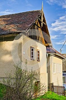 The front face of old wooden house in Pavlany village in Spis region in Slovakia