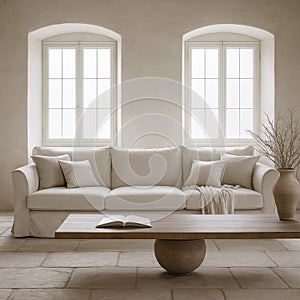 Front-facing Mediterranean sofa with centered sculptural table and arched windows photo