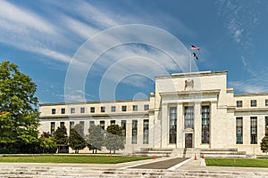 Front of the federal reserve government Eccles building in Washington, DC