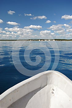 Front of fishing boat on water