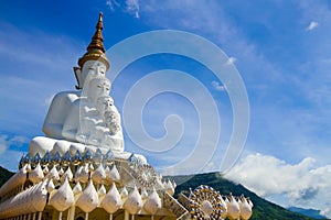 Front of five white Buddha with sky at Wat Pha Sorn Kaew, Khao K
