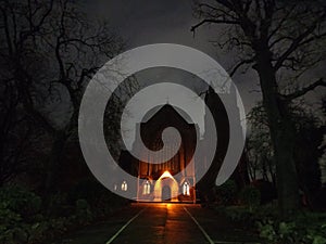 Front focade of the st albans church at night