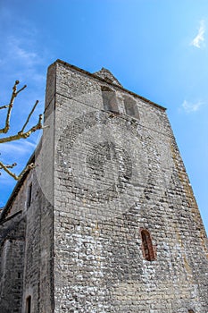 Front of fortified church of Saint-Julien, Nespouls, Correze, Limousin, France