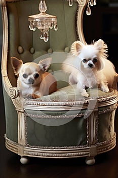 Front full body portrait of 2 small dogs in a classic luxurious interior.