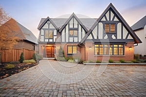 front gable tudor, cobblestone driveway