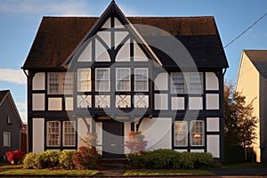 a front gable on a tudor-style village house basked in morning light