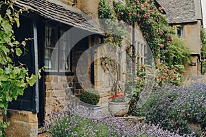 Front garden of a traditional house in Broadway, Cotswolds, UK photo
