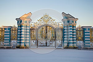 Front gate of the Catherine Palace close-up in the February twilight. Tsarskoye Selo