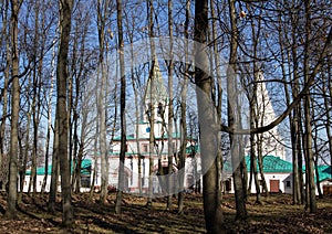 Front gates of a former royal estate with chambers and clock tower through the trees. Sightseeing and museums of Russia.