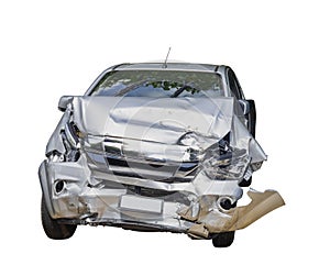 Front of gray color car damaged and broken by accident isolated on white background. Save with clipping path