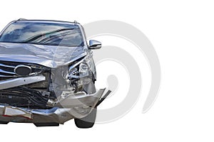 Front of gray color car damaged and broken by accident isolated on white background. Save with clipping path