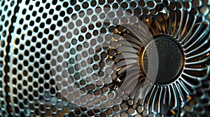 The front grille of a stand fan with a geometric pattern of small holes. Through the openings one can see the powerful photo