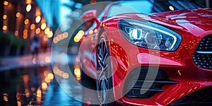 front headlight of modern red luxury car parked on street in city close up