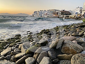 front houses of little Venice on Mykonos island, Greece