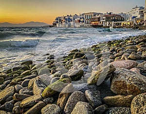 front houses of little Venice on Mykonos island, Greece