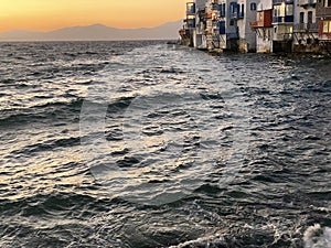 front houses of little Venice on Mykonos island, Greece