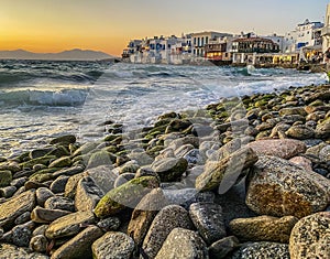 front houses of little Venice on Mykonos island, Greece