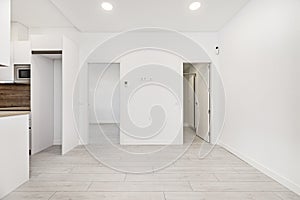 Front image of a loft-type home with open spaces with light wooden floors, access to the rest of the empty rooms