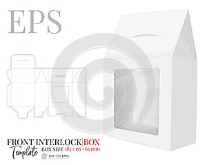 Front interlock Box with window, vector, template with die cut / laser cut lines. White, clear, blank, isolated Gift Box mock up