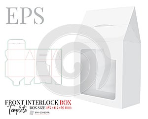 Front interlock Box with window, vector, template with die cut / laser cut lines. White, clear, blank, isolated Gift Box mock up